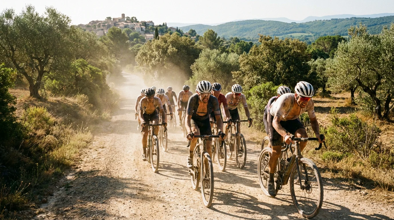 Cyclistes gravel en compétition sur les chemins du Causse du Larzac