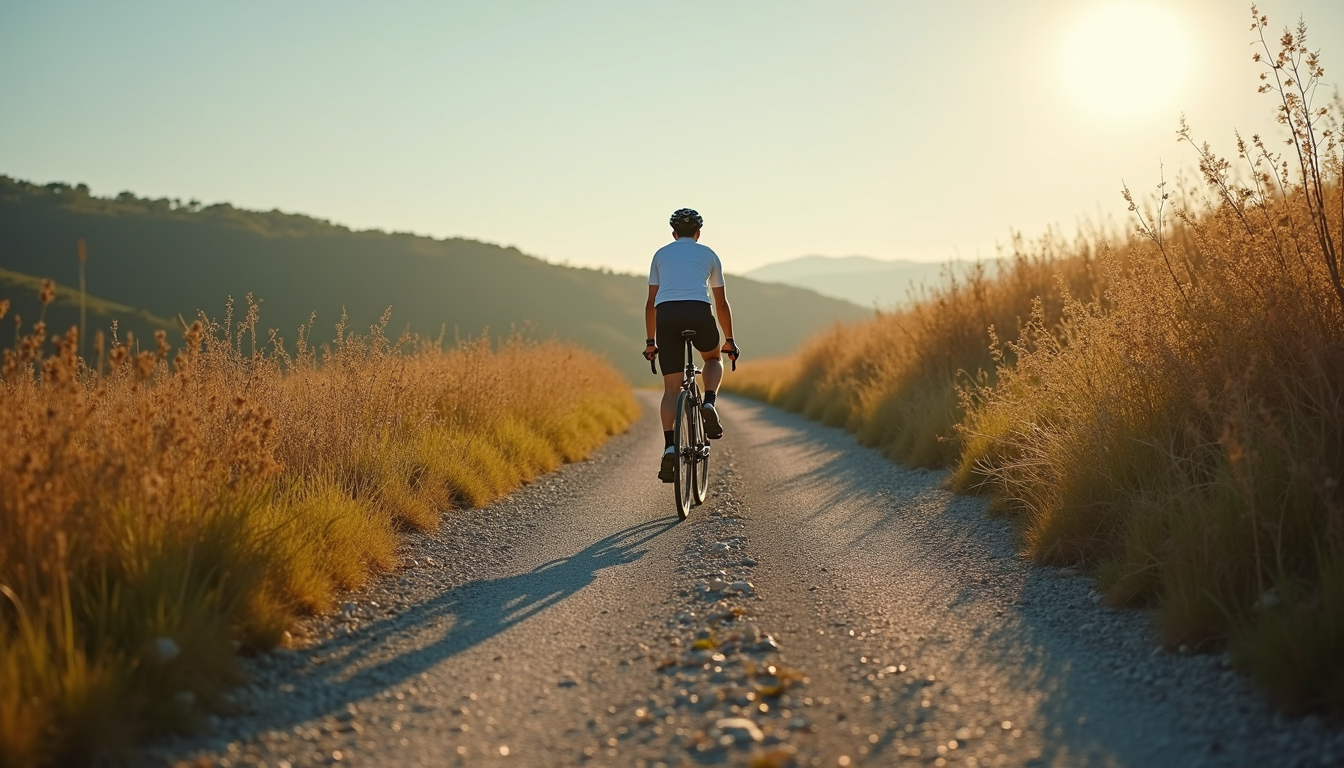Vue panoramique d’un cycliste sur un chemin de gravel en pleine nature