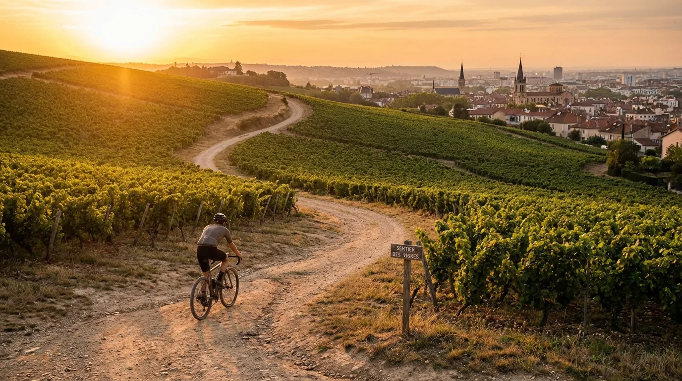 Cycliste gravel sur un chemin de vignobles avec vue panoramique sur les collines lyonnaises