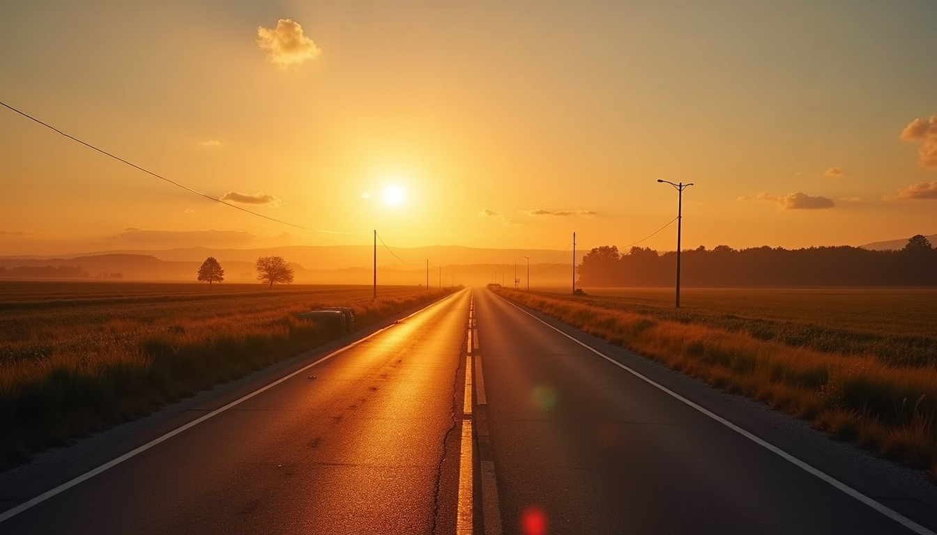 Vue panoramique d'une route de campagne sinueuse au coucher du soleil