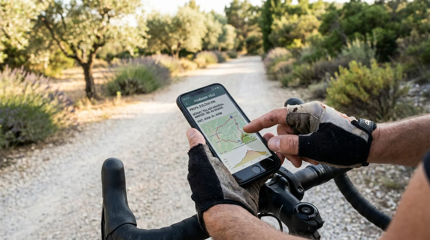 Cycliste consultant un itinéraire vélo avec profil d'élévation sur smartphone fixé au guidon