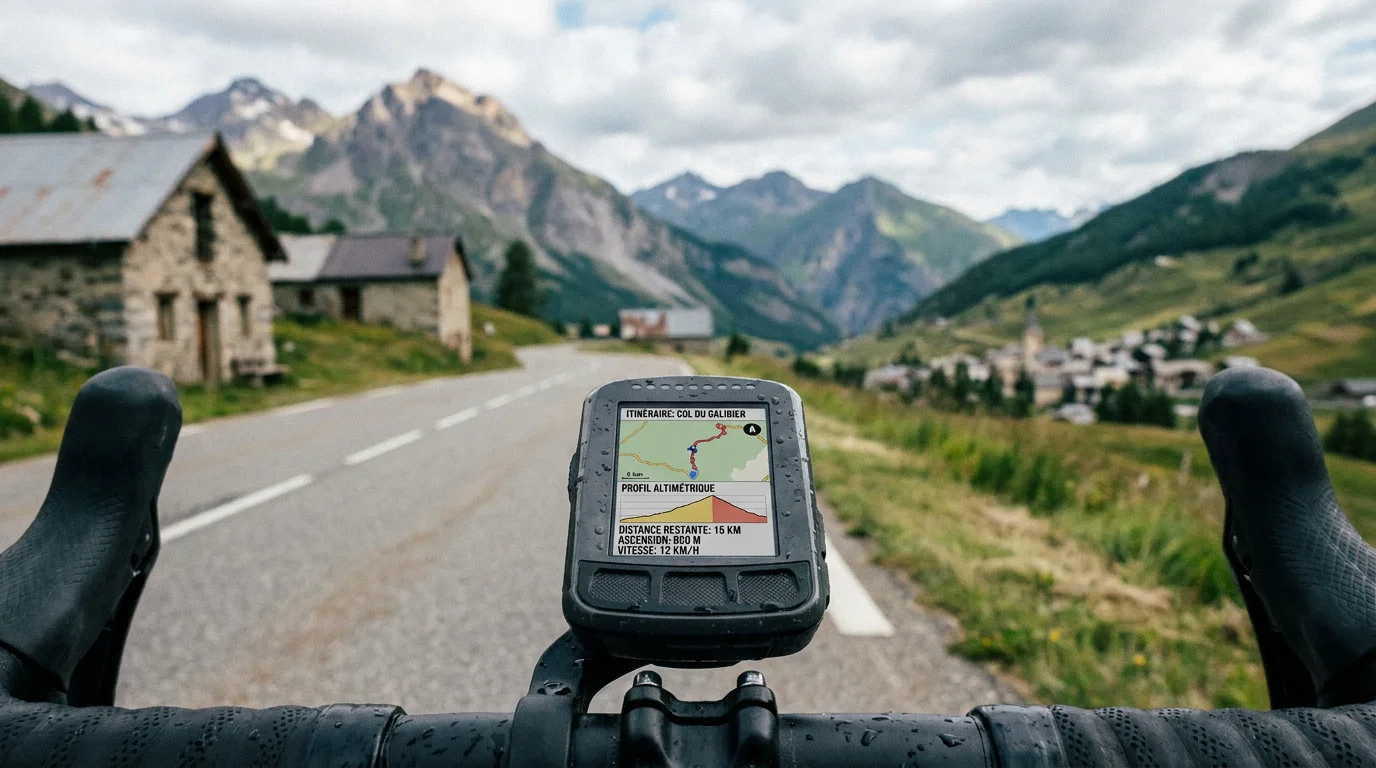 Compteur GPS vélo affichant un tracé d'itinéraire sur une route de montagne en France