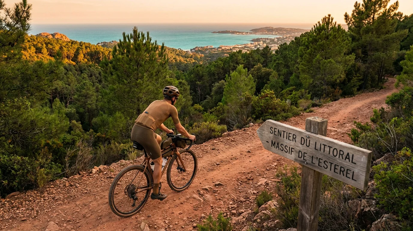 Cycliste gravel sur une piste de terre rouge dans le massif de l'Esterel avec la Méditerranée en arrière-plan