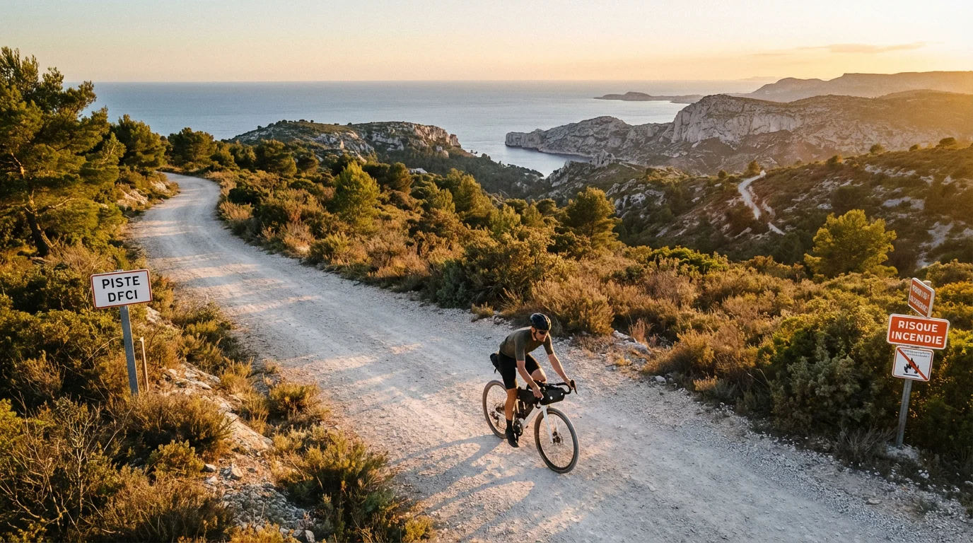 Cycliste gravel sur une piste DFCI avec vue sur les Calanques de Marseille