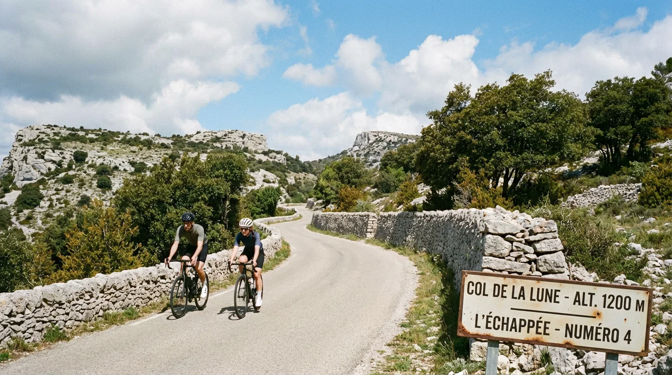 Deux cyclistes sur une route de col en Aveyron avec paysage de causses
