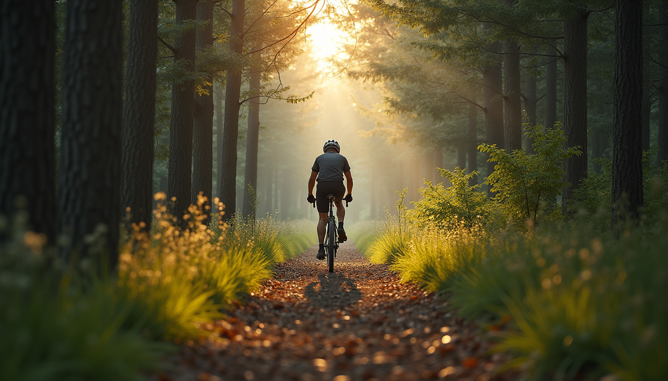 Vue en plongée sur un cycliste solitaire sur un chemin de gravier en forêt