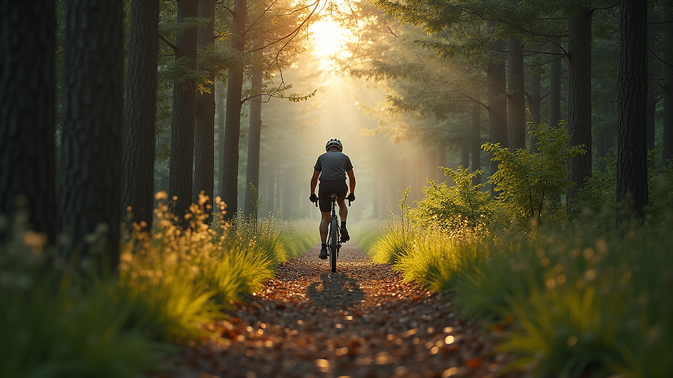 Vue en plongée sur un cycliste solitaire sur un chemin de gravier en forêt