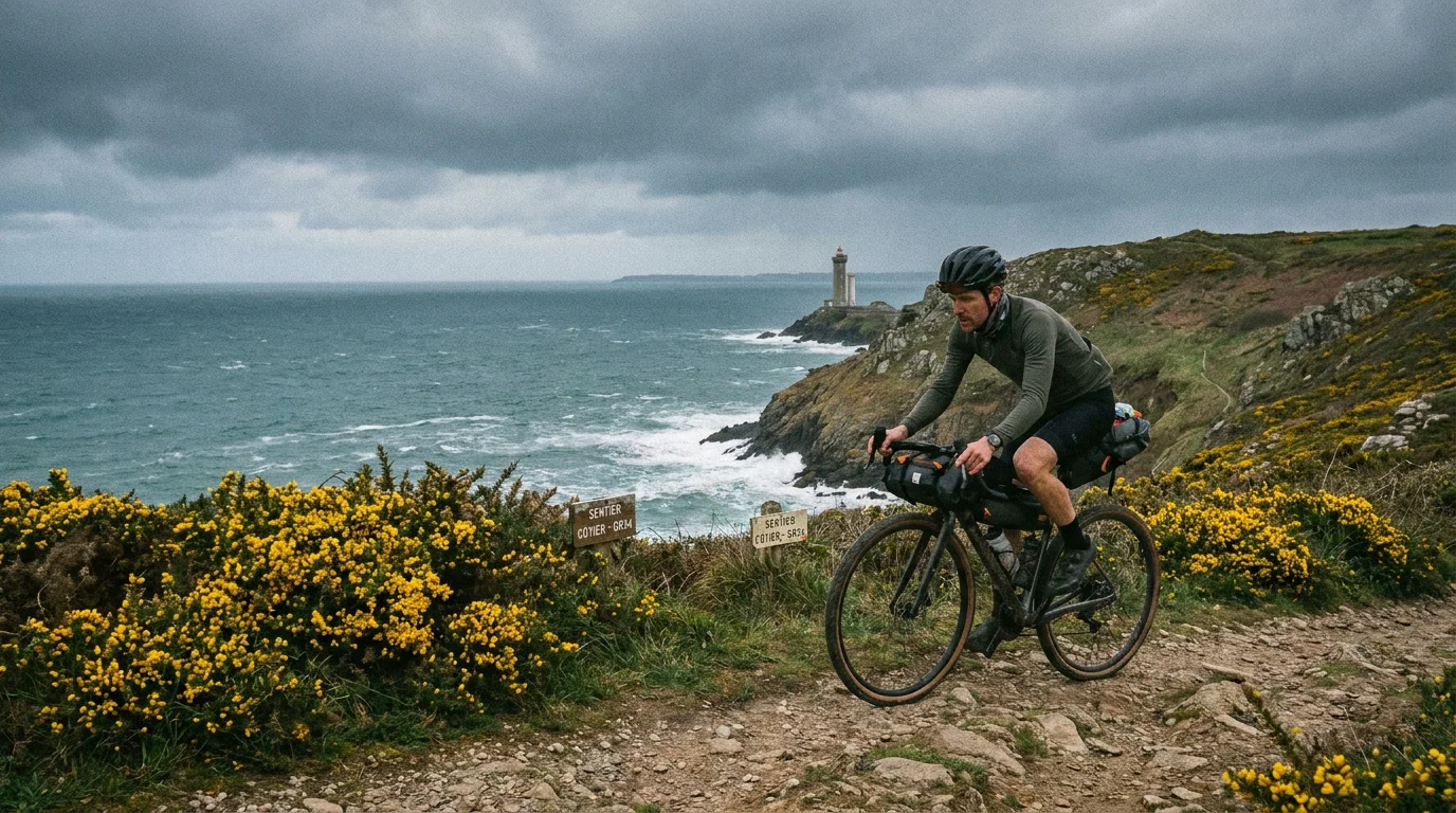 Cycliste gravel sur un sentier côtier en Bretagne avec vue sur la mer