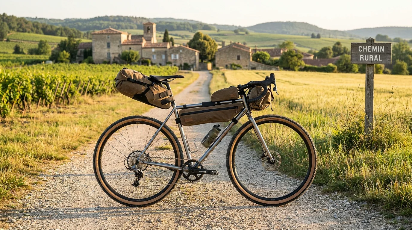 Vélo gravel équipé de sacoches de bikepacking sur un chemin de gravier en France