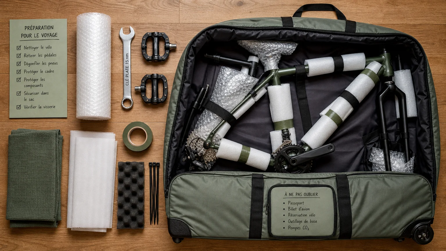 Accessoires d'emballage d'un vélo pour l'avion disposés à plat sur un sol en bois