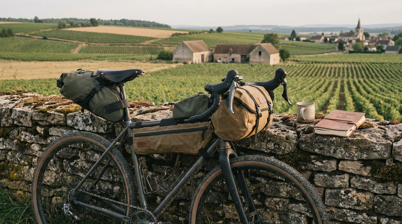 Vélo gravel équipé pour le bikepacking dans la campagne française