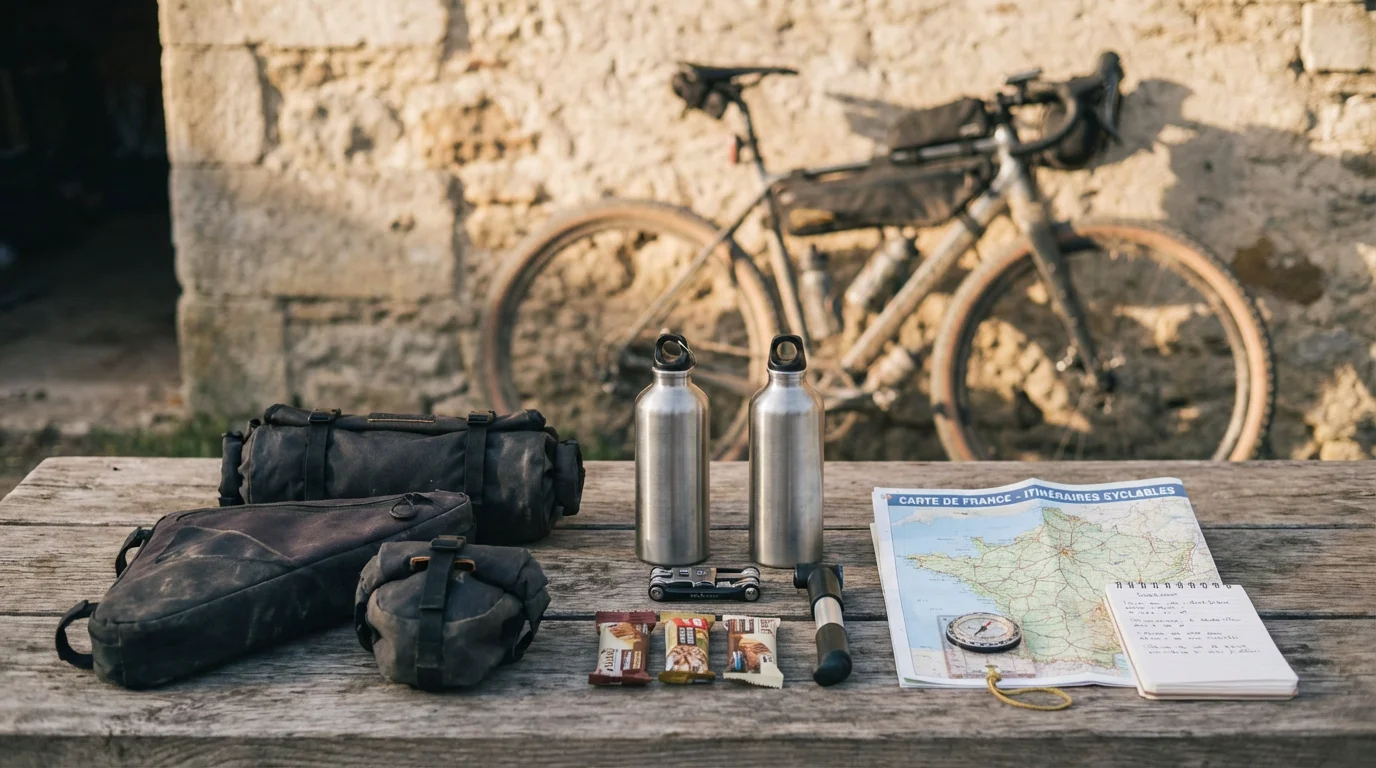 Équipement de bikepacking gravel disposé sur une surface en bois avec vélo en arrière-plan