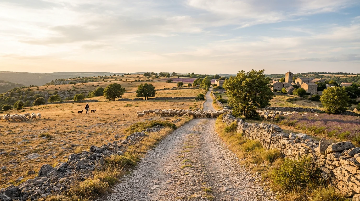 Chemin de gravel sur le plateau du Larzac dans les Grands Causses en Aveyron