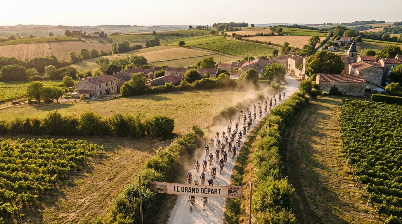 Peloton de cyclistes gravel sur un chemin de terre dans la campagne française