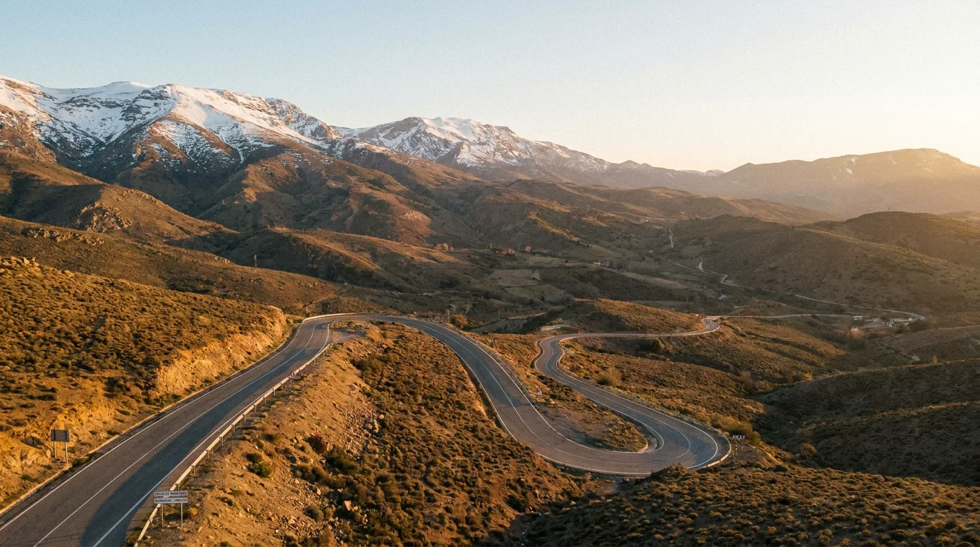 Panorama des montagnes d'Andalousie avec route sinueuse et sommets enneigés