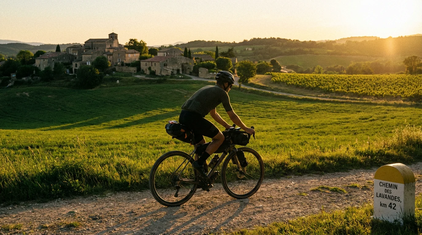 Cycliste gravel roulant en autonomie sur un chemin de terre en France