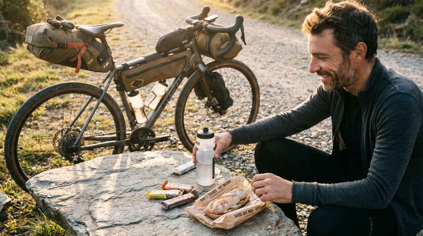 Cycliste en pause nutrition lors d'une épreuve d'ultra endurance à vélo en France