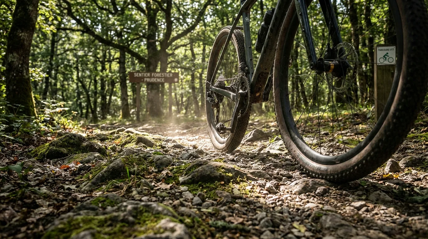 Pneus de vélo gravel roulant sur un sentier forestier caillouteux en France