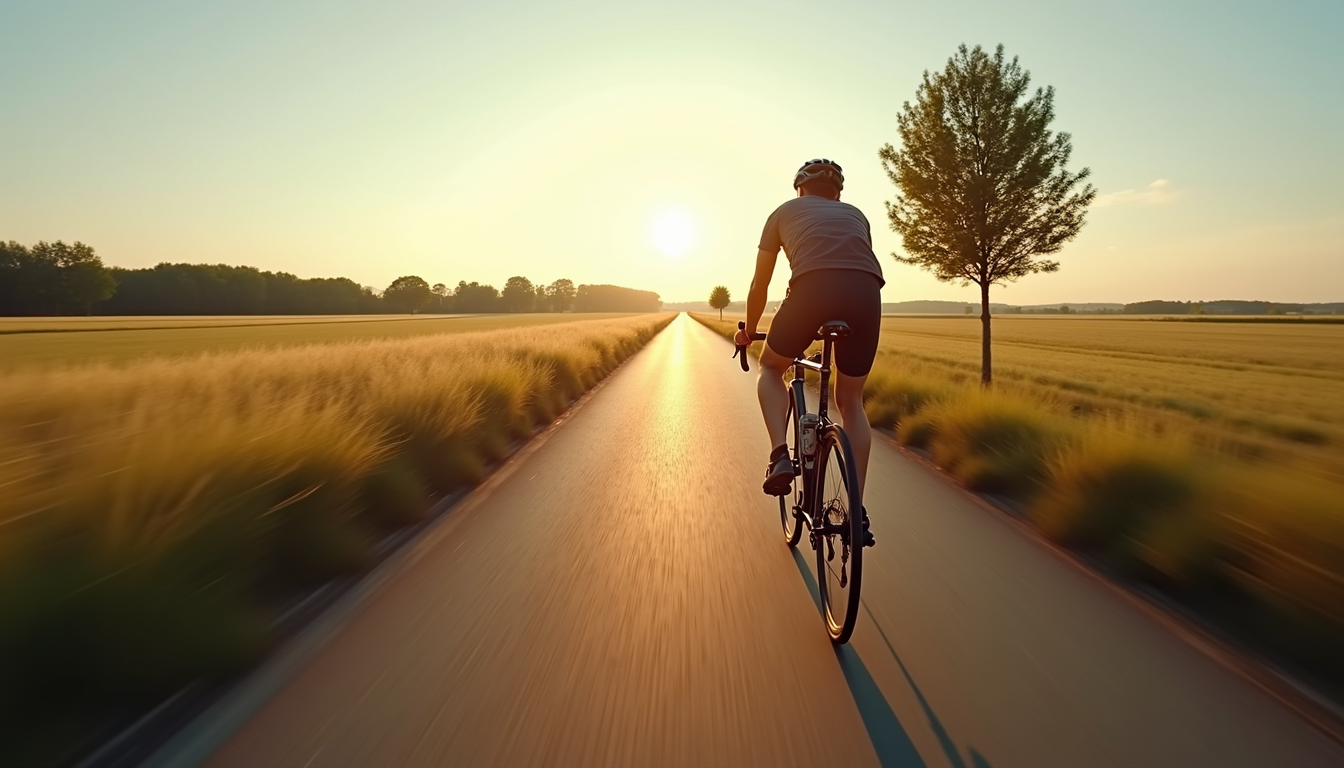 Vue en plongée d’un cycliste sur un chemin de campagne bordé de champs dorés