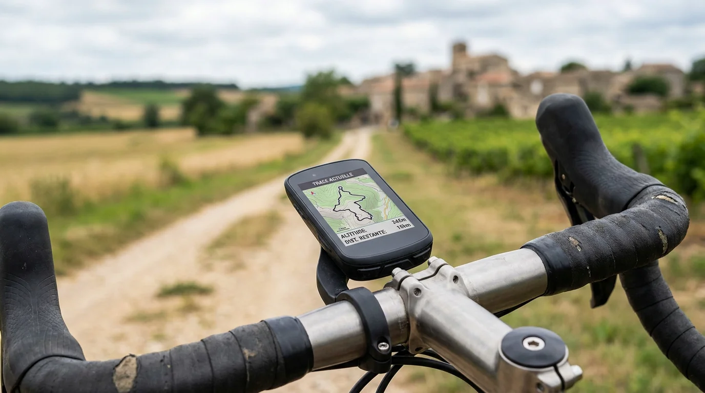 Compteur GPS vélo affichant une trace GPX sur un guidon de vélo gravel en campagne française