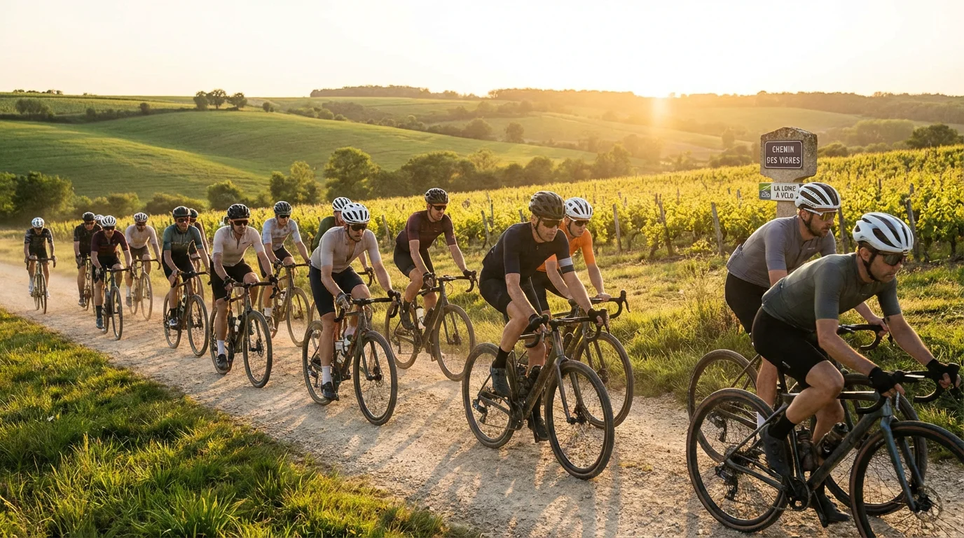 Cyclistes gravel roulant sur un chemin de campagne française au coucher du soleil