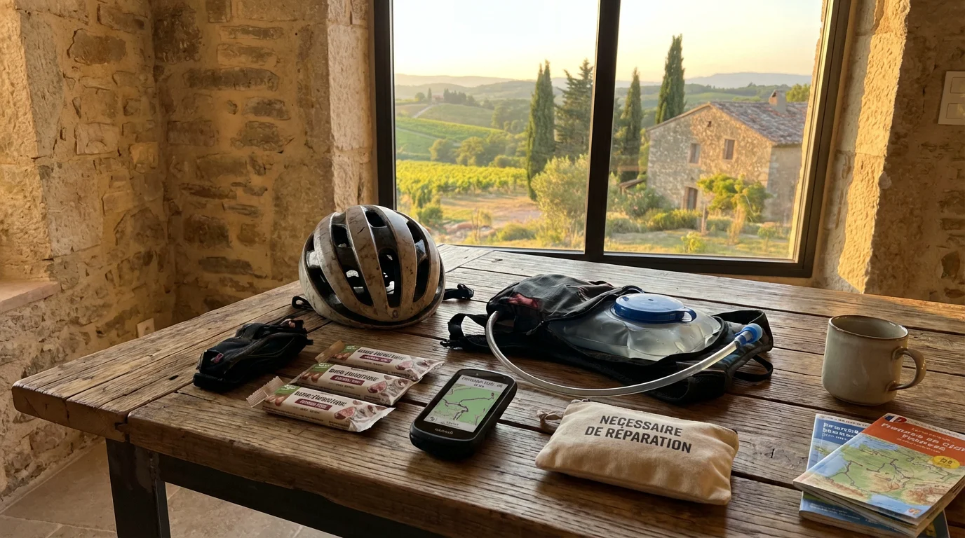 Équipement de randonnée gravel disposé sur une table avec paysage méditerranéen en arrière-plan