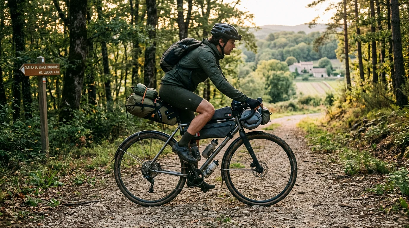 Vélo gravel chargé montrant une répartition équilibrée des sacoches