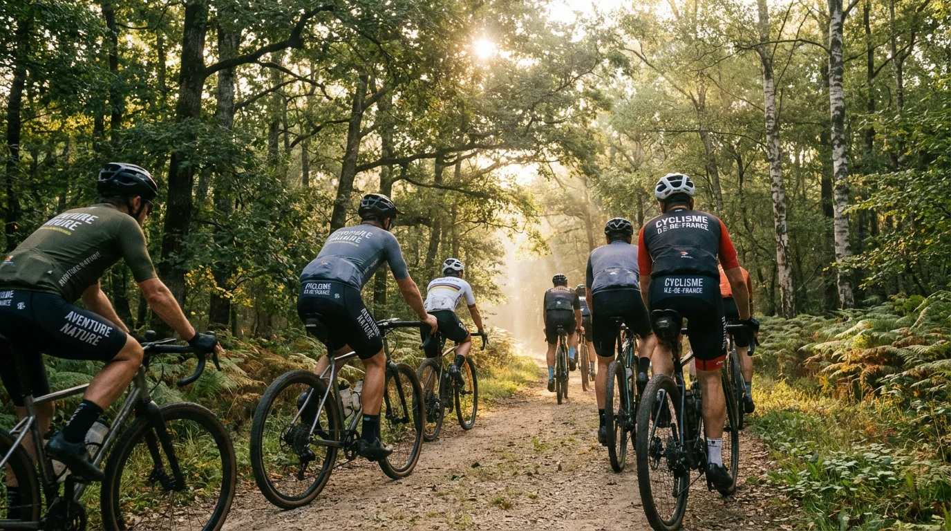 Cyclistes gravel sur un chemin forestier en Île-de-France au lever du soleil