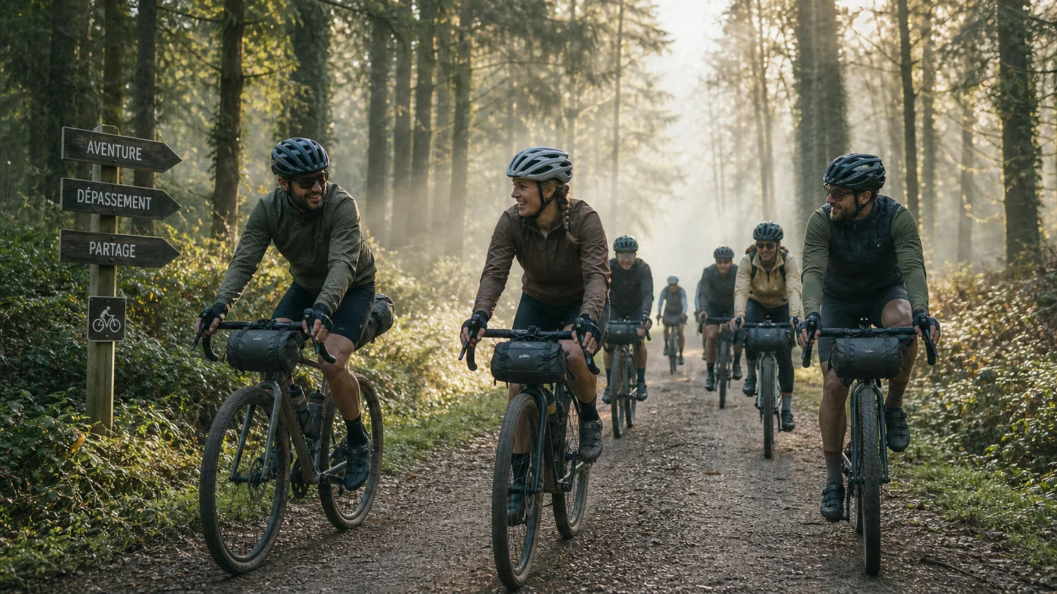 Groupe de cyclistes gravel sur un chemin forestier au petit matin