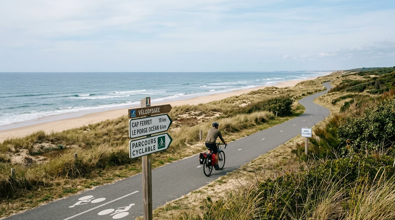 Cycliste sur une véloroute EuroVelo le long de la côte atlantique française