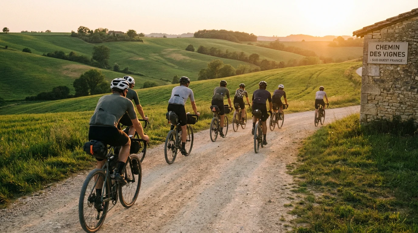 Cyclistes gravel sur un chemin de terre en France lors d'une épreuve de bikepacking