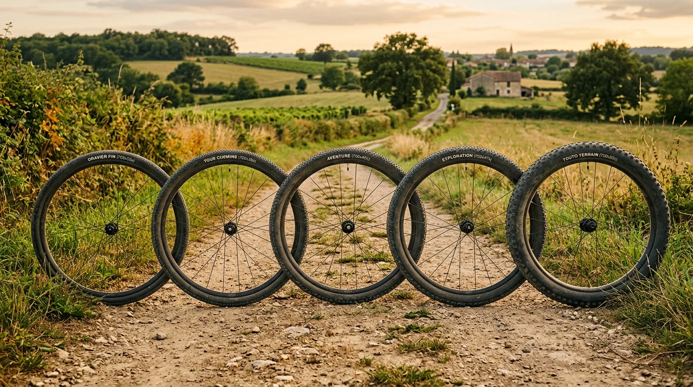 Roues de vélo gravel avec différentes largeurs de pneus alignées