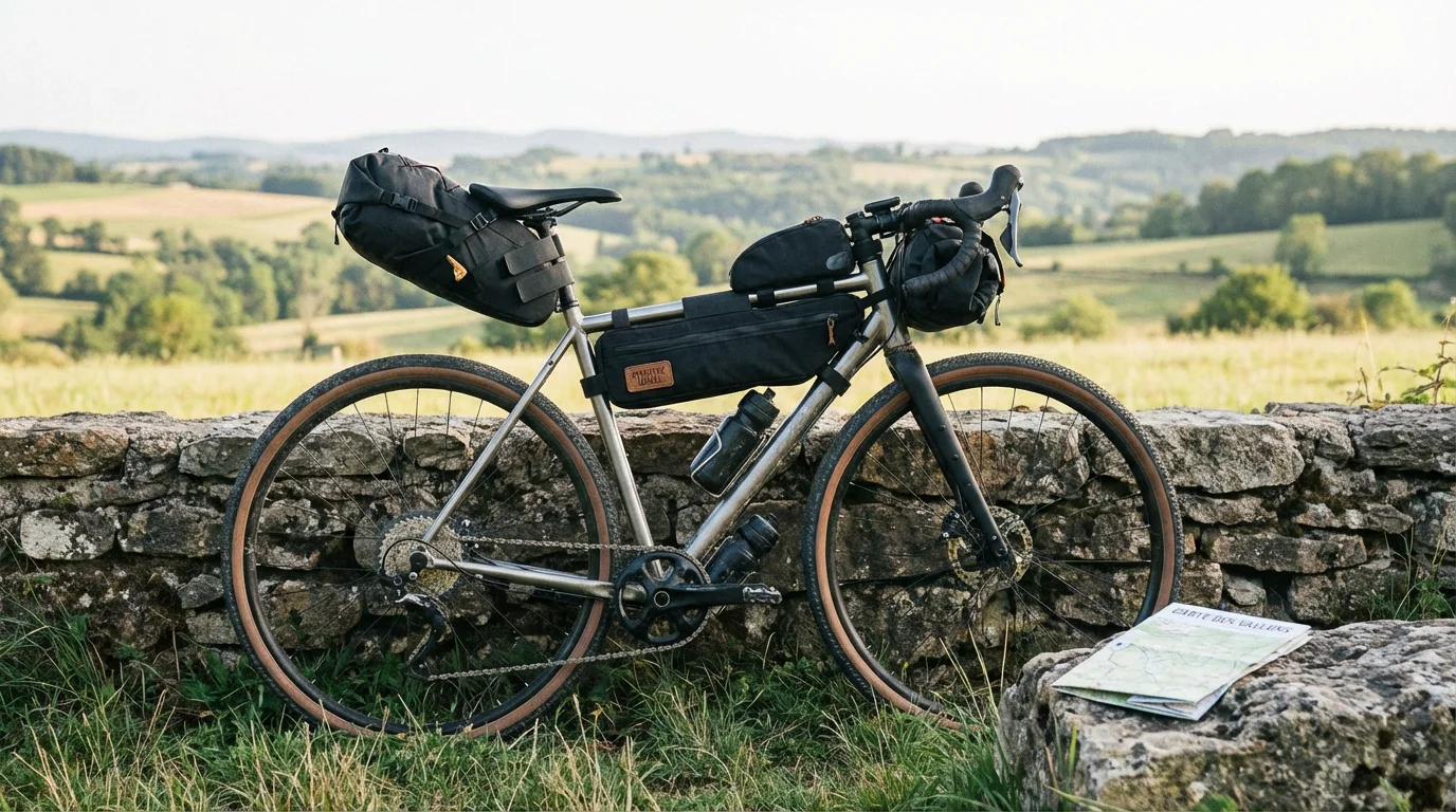Vélo gravel équipé de sacoches de bikepacking prêt pour une épreuve d'ultra cyclisme