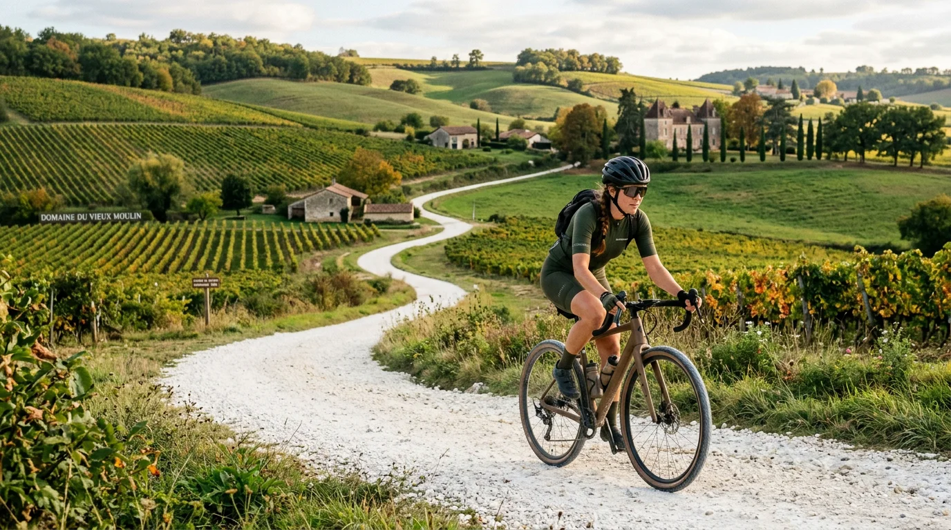 Cycliste sur un vélo gravel roulant sur un chemin blanc dans la campagne française