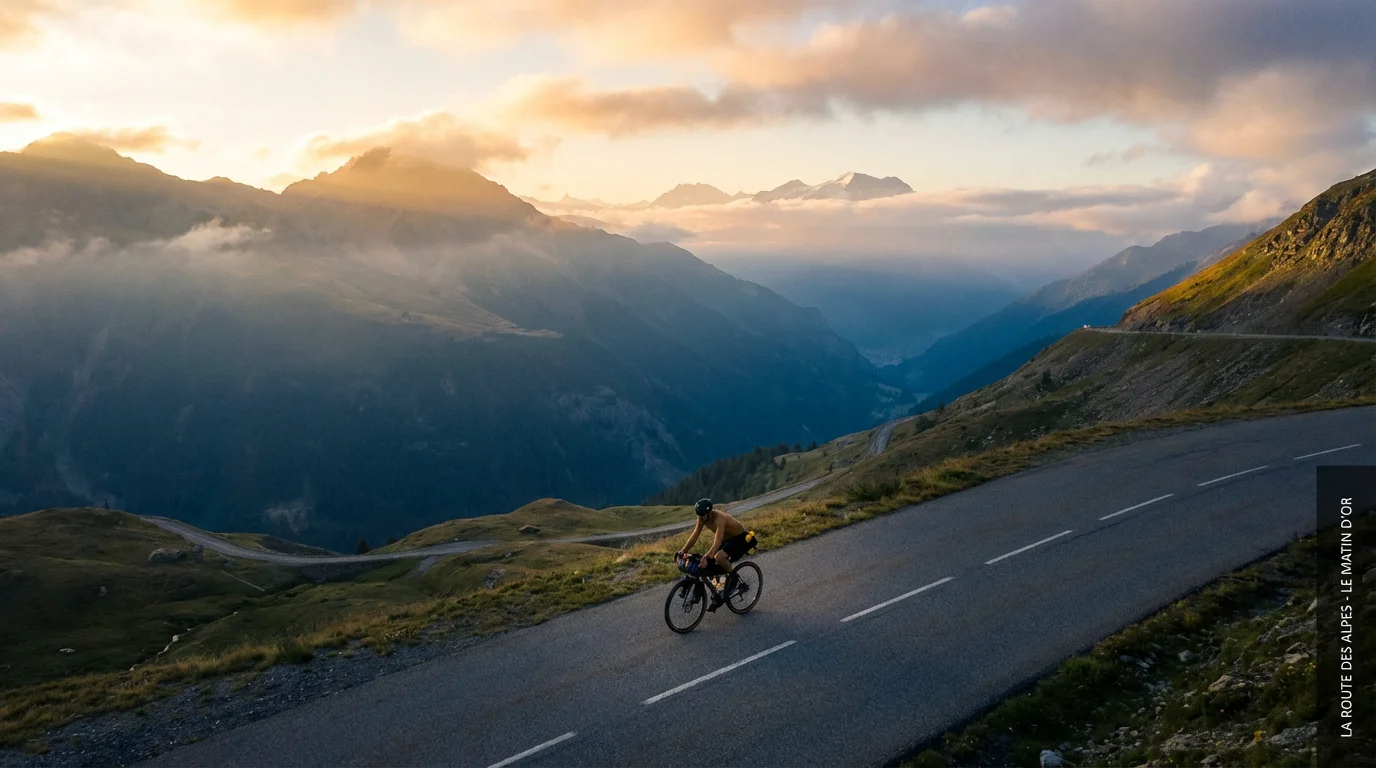 Cycliste en ultra cyclisme sur une route de montagne dans les Alpes françaises au lever du soleil