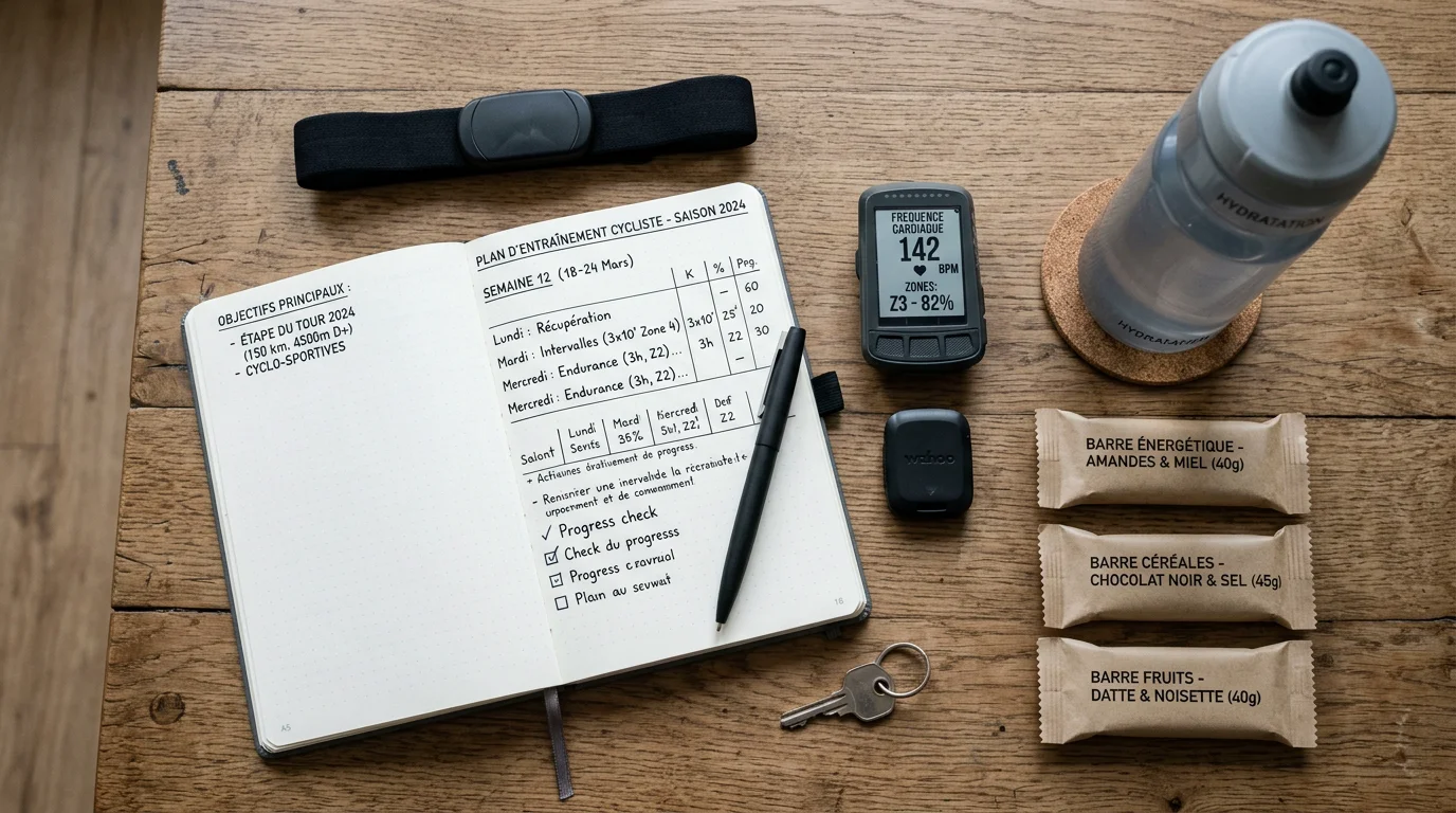 Carnet de plan d'entraînement gravel avec cardiofréquencemètre et ravitaillement