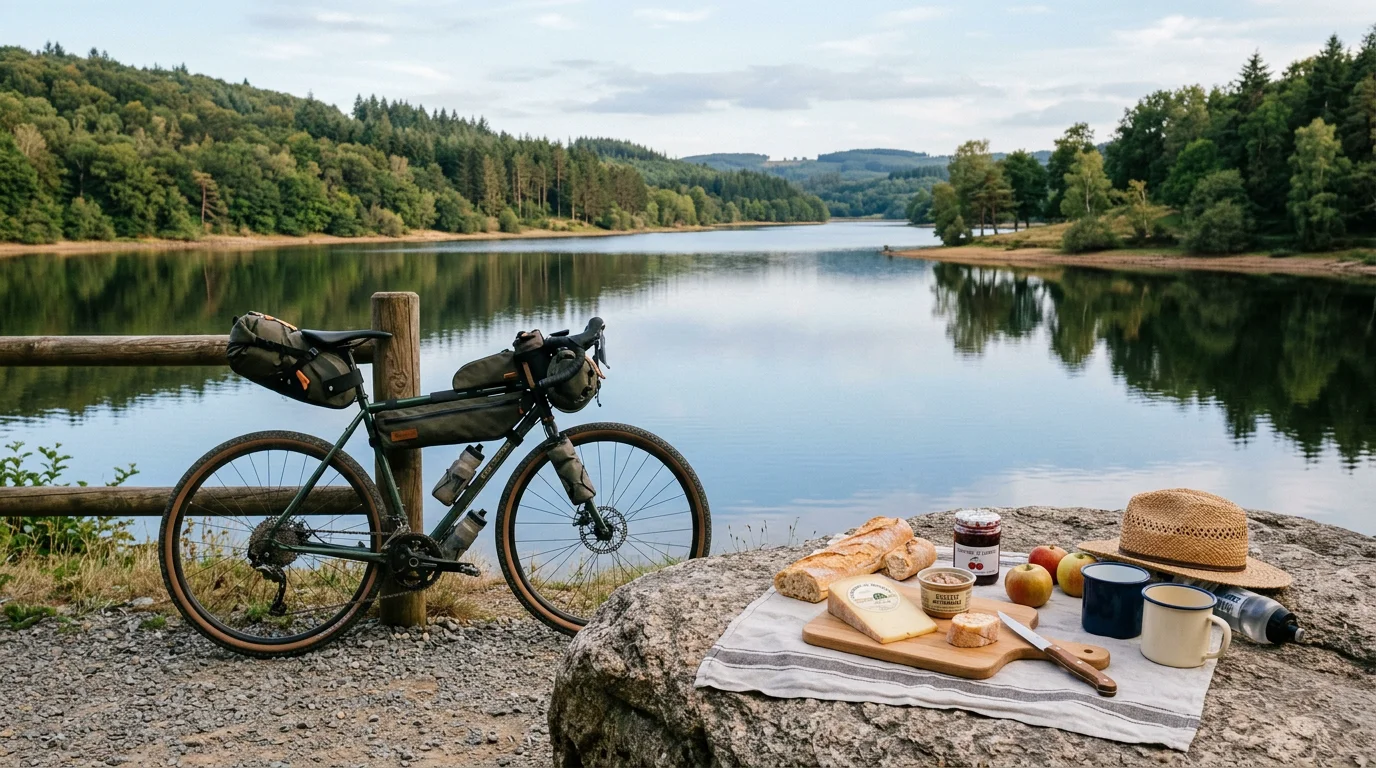 Vélo gravel avec sacoches au bord d'un lac du Morvan lors d'une pause