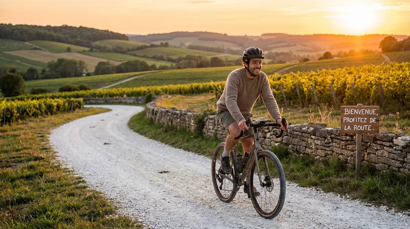Cycliste européen roulant sur un chemin de gravel dans la campagne française au coucher du soleil