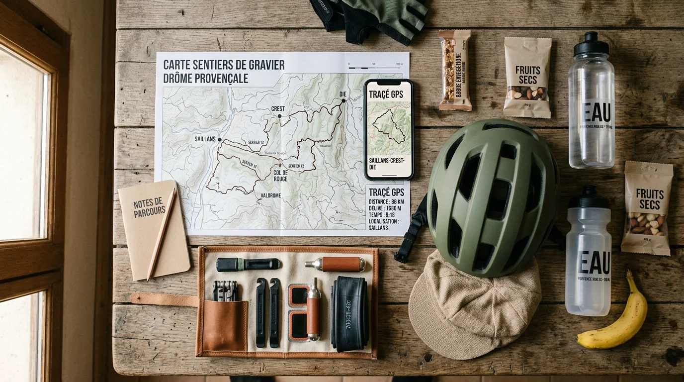 Matériel et carte préparés sur une table pour planifier une sortie gravel