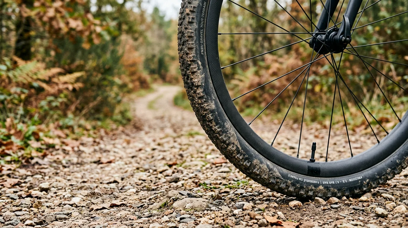 Gros plan sur un pneu gravel large monté sur une roue, tressé visible sur un sol de graviers