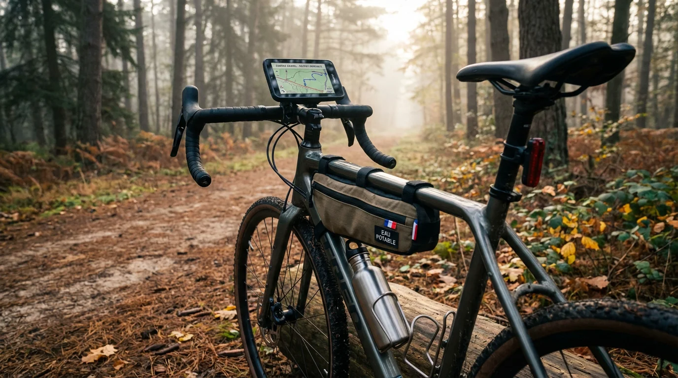 Vélo gravel équipé pour une course avec matériel obligatoire sur un chemin forestier