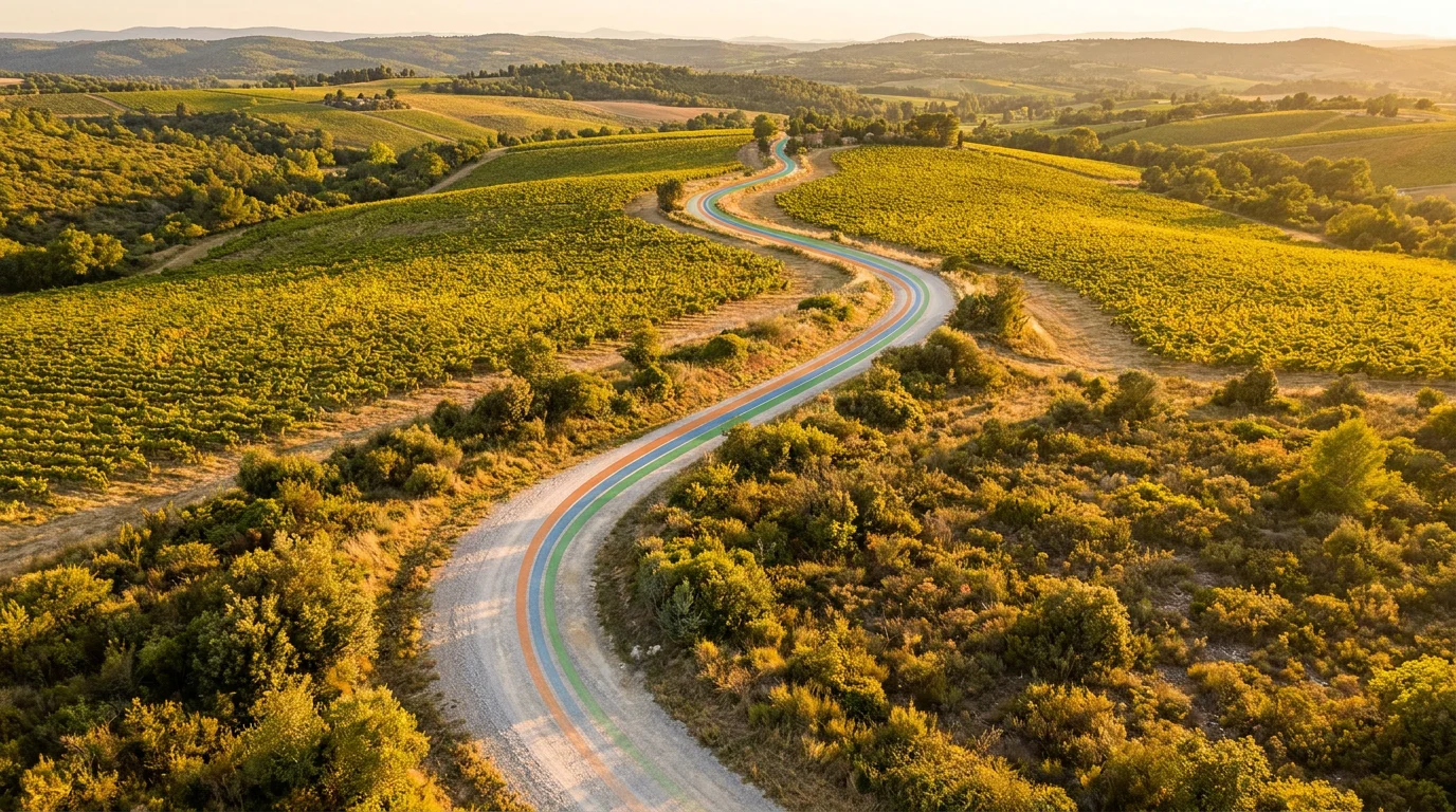 Chemin de gravel sinueux dans un paysage vallonné du sud de la France avec trace GPS superposée