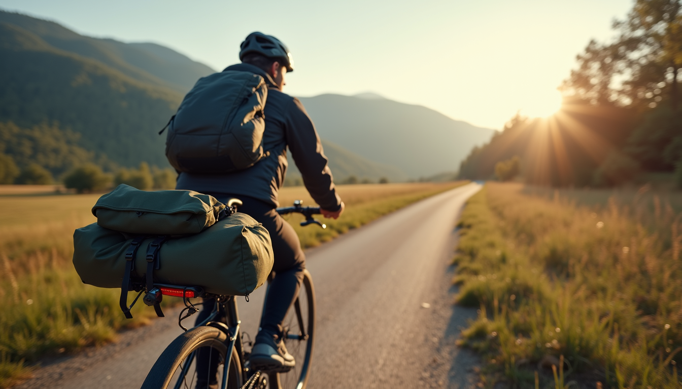 Vue en plongée d'un vélo équipé pour le bikepacking avec sacoches et matériel