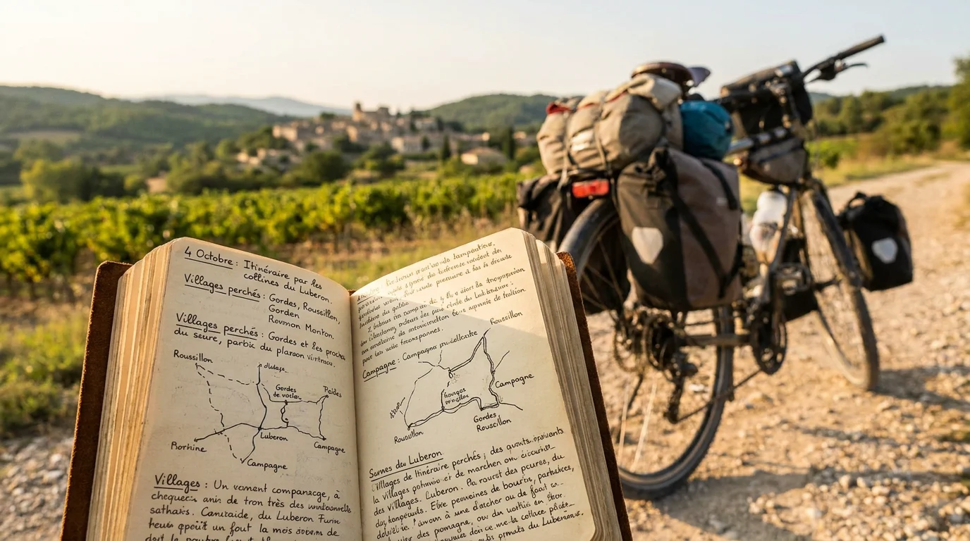 Carnet de voyage ouvert sur un chemin de gravel avec un vélo d'aventure chargé en arrière-plan dans la campagne française