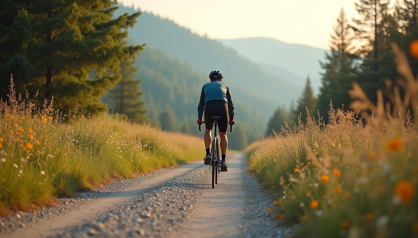 Vue panoramique d’un cycliste sur un chemin de gravel en pleine nature