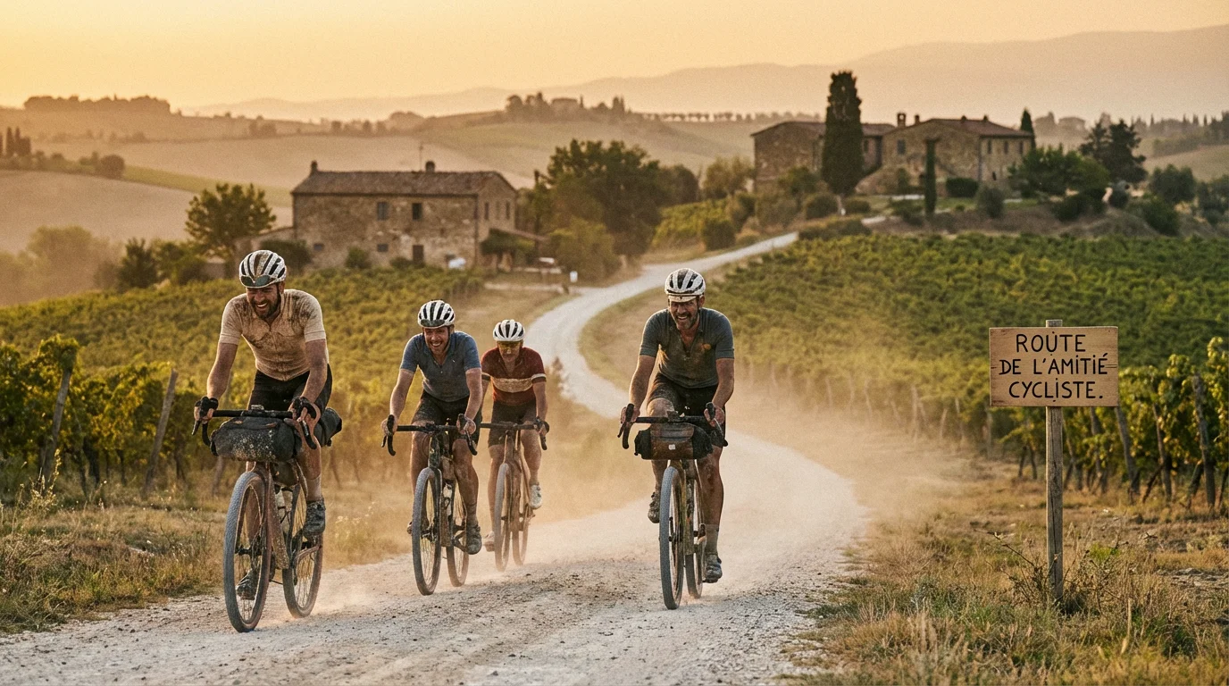 Cyclistes européens en pleine gravel race sur un chemin mixte de campagne au lever du soleil