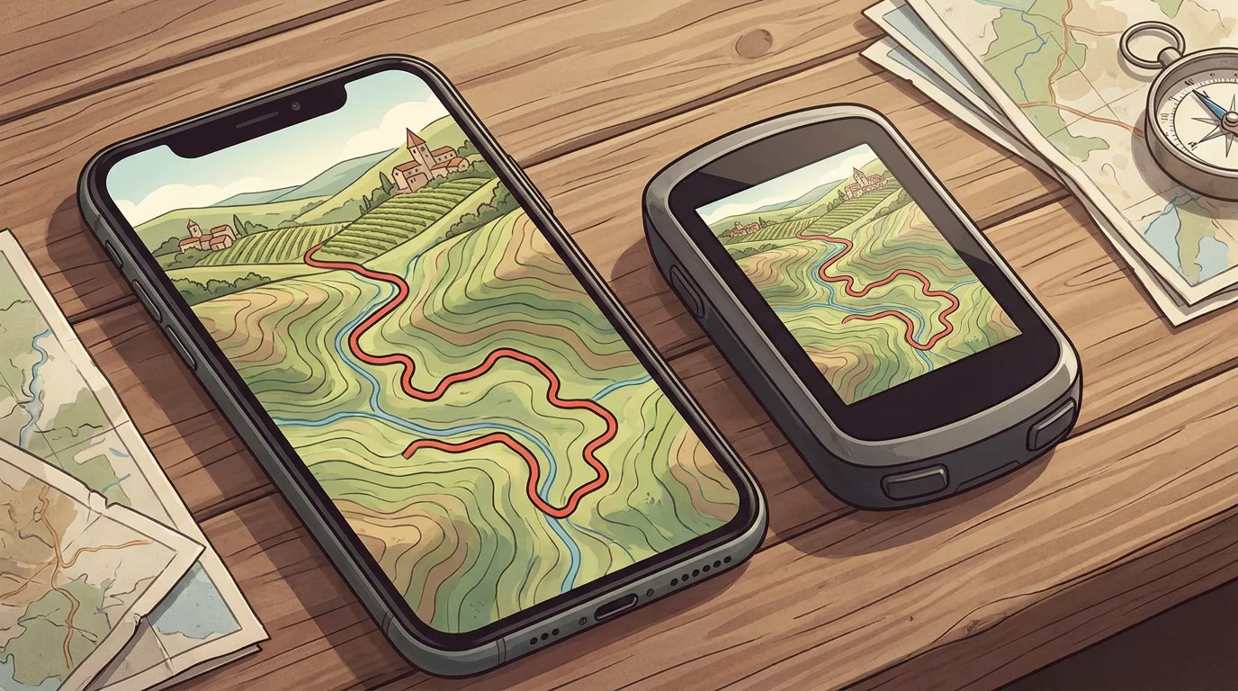 Smartphone et compteur GPS vélo affichant une trace GPX sur fond de carte topographique