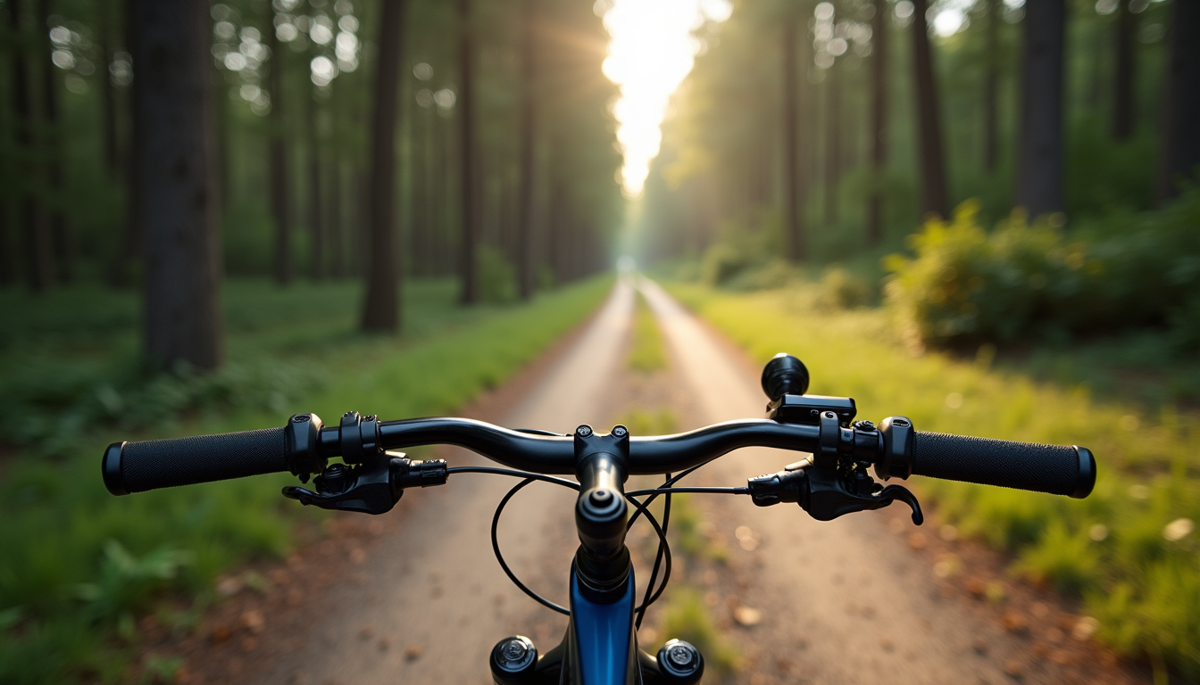 Vue en plongée d'un vélo gravel posé sur un chemin forestier