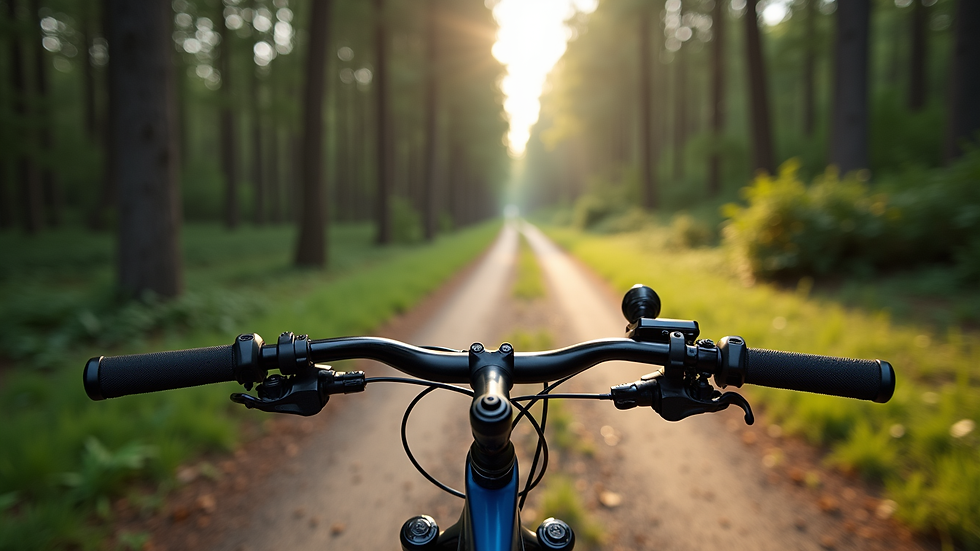 Vue en plongée d'un vélo gravel posé sur un chemin forestier