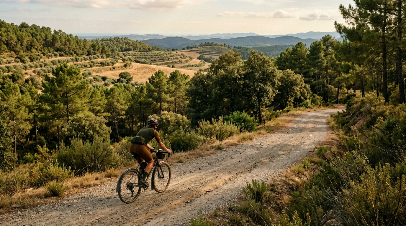 Cycliste gravel sur un chemin de terre au milieu des collines boisées près de Gérone